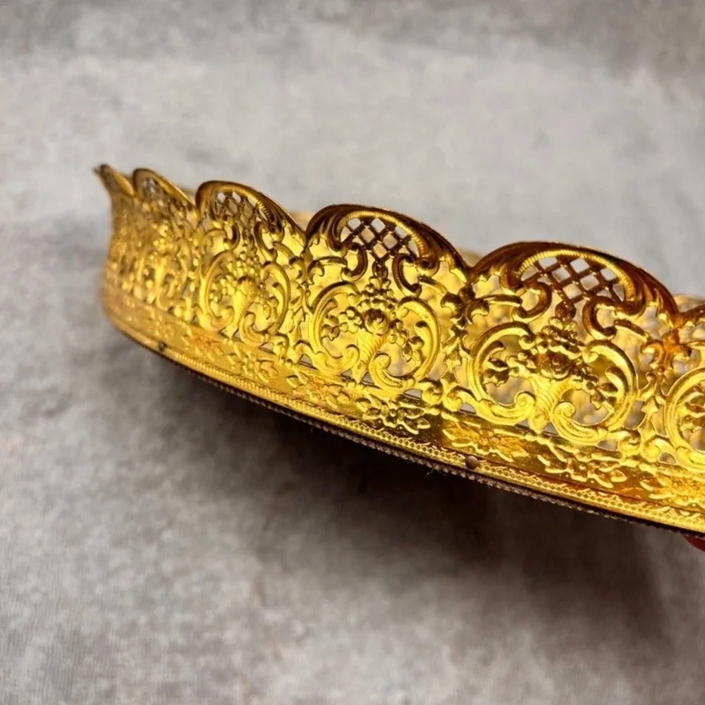 Vtg Mirrored Vanity Tray Gold Filigree Oval 11
